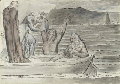 Dante and Virgil in the Skiff of Phlegyas are hailed by Filippo Argenti, illustration to the Divine Comedy by Dante Alighieri, 1824-27 by William Blake